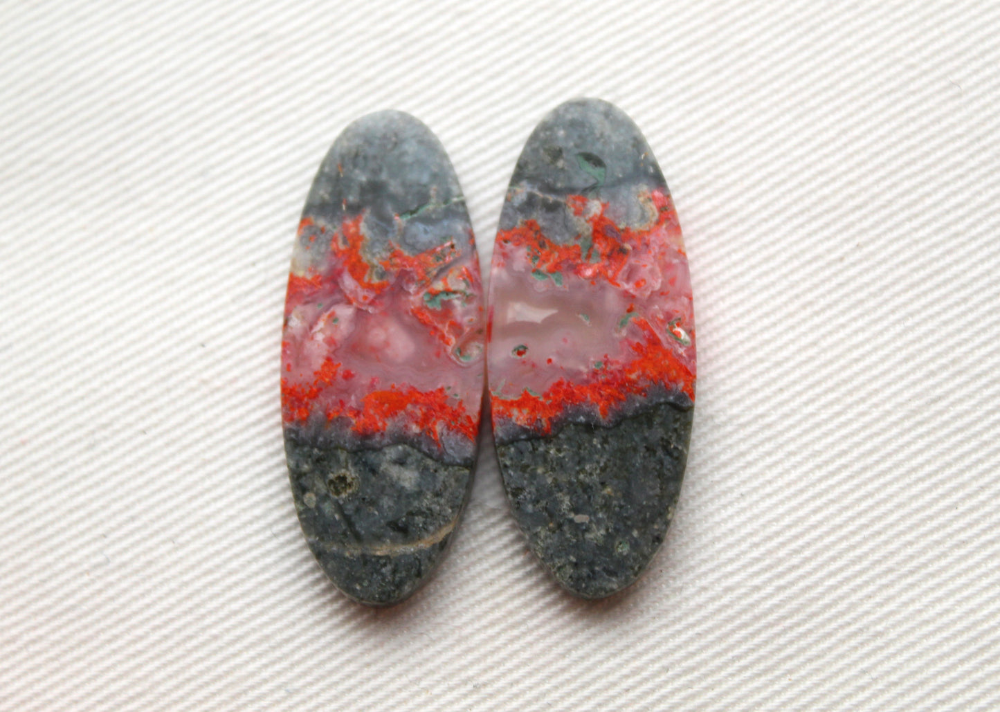 Pair Green Bumblebee Jasper cabochon Gemstone Oval