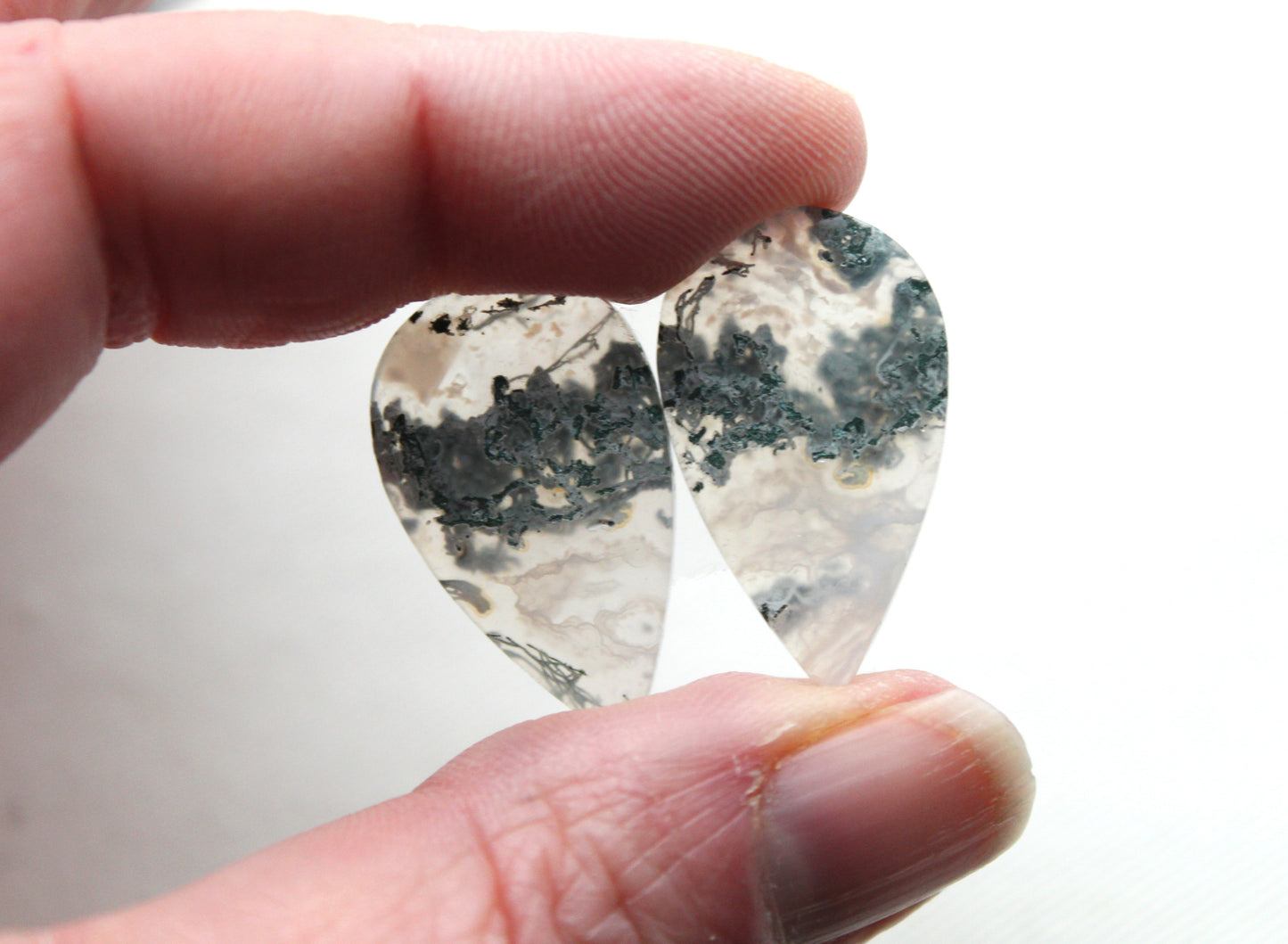 Pair of moss Agate Cabochons teardrop