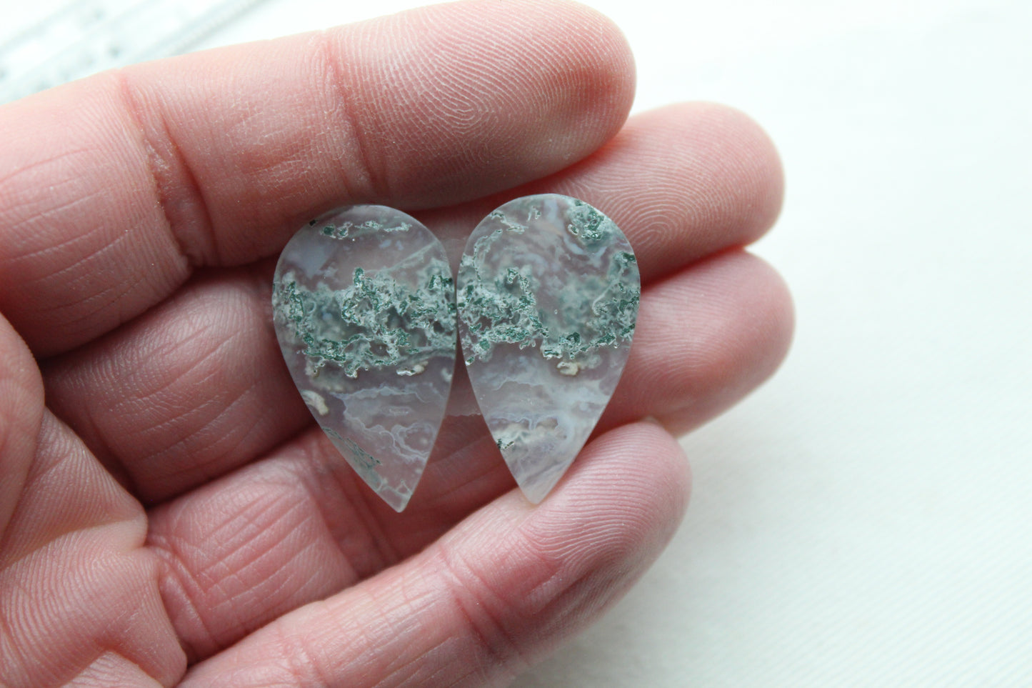 Pair of moss Agate Cabochons teardrop