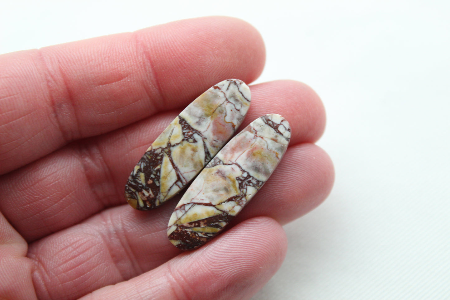 Pair Indonesian Picasso Jasper cabochon Gemstone white brown