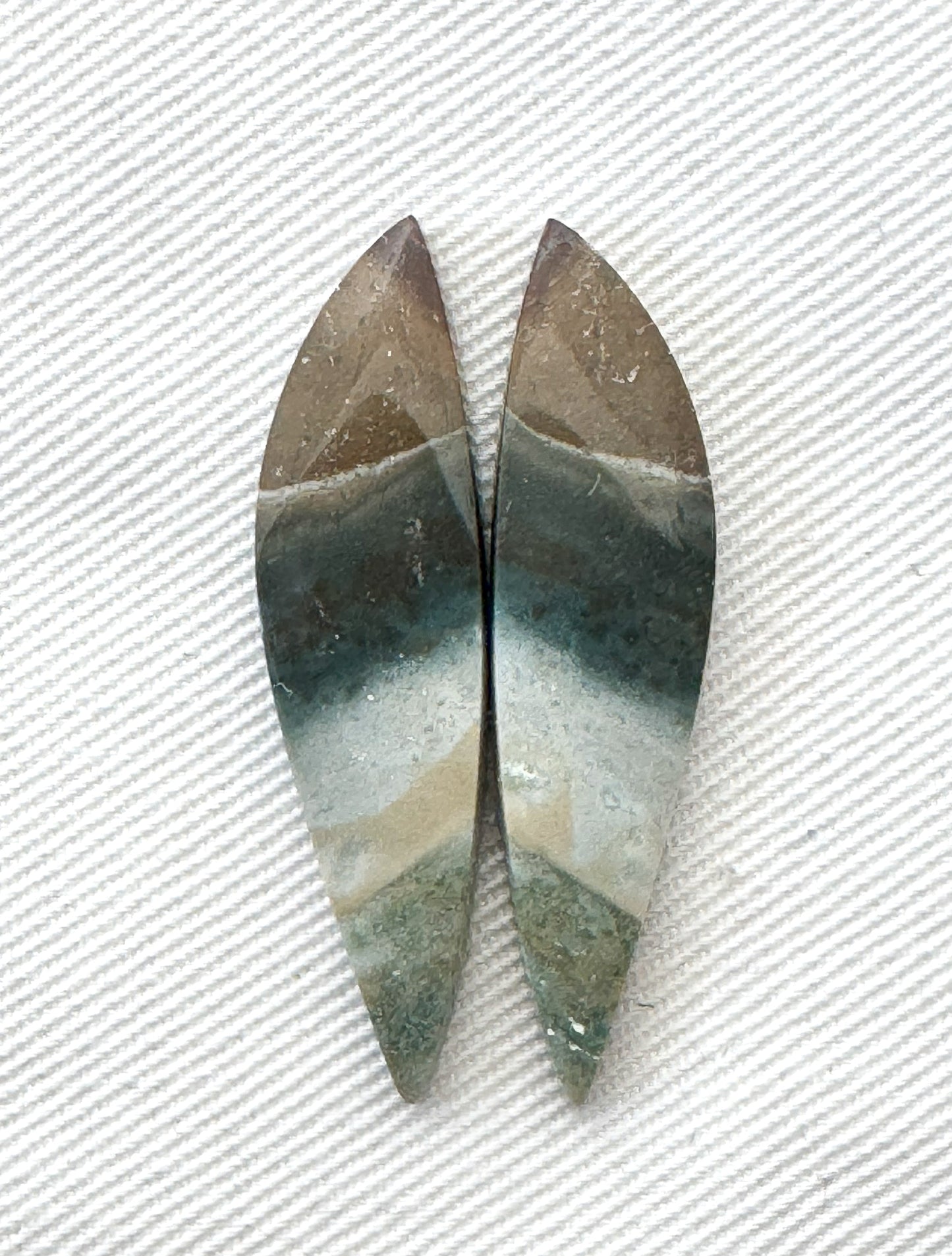 Matching pair of green Jasper Cabochons freeform