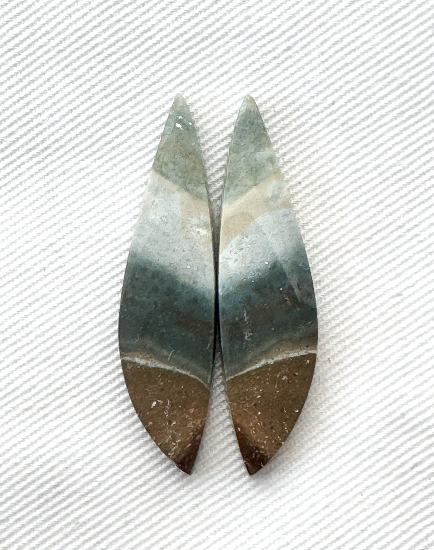 Matching pair of green Jasper Cabochons freeform