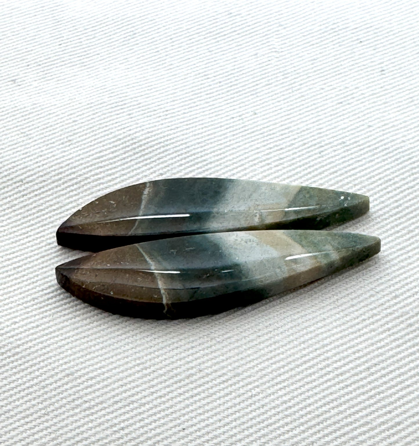 Matching pair of green Jasper Cabochons freeform