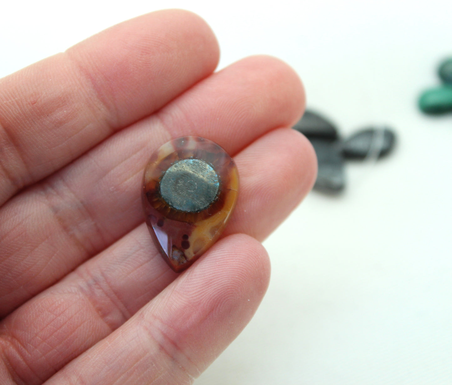 NICE Marcasite in Agate Cabochon Gemstone orange Teardrop