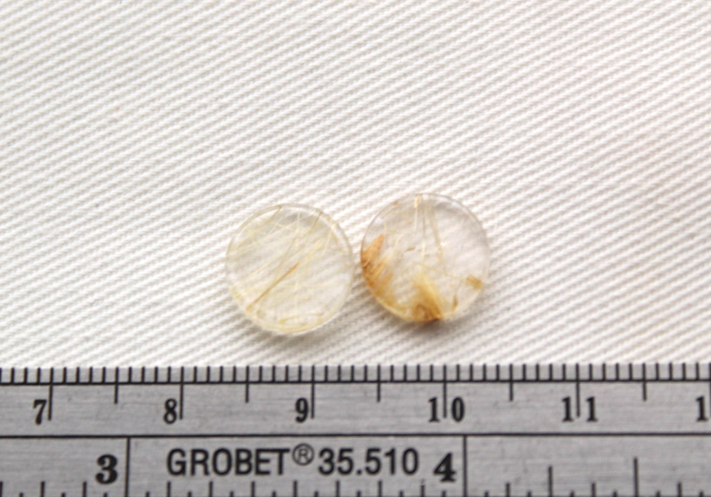 TWO rutilated Quartz Flat cabochons Round Gemstones golden needles 10MM