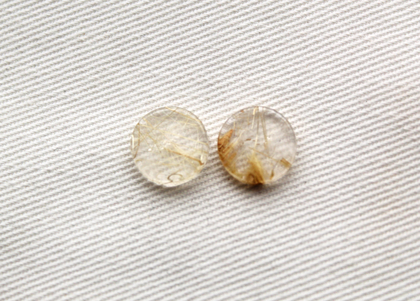 TWO rutilated Quartz Flat cabochons Round Gemstones golden needles 10MM