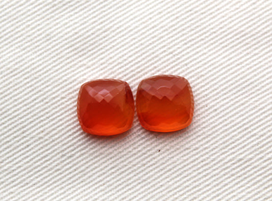 TWO Carnelian faceted cabochons Orange square cushion gemstones 10 mm