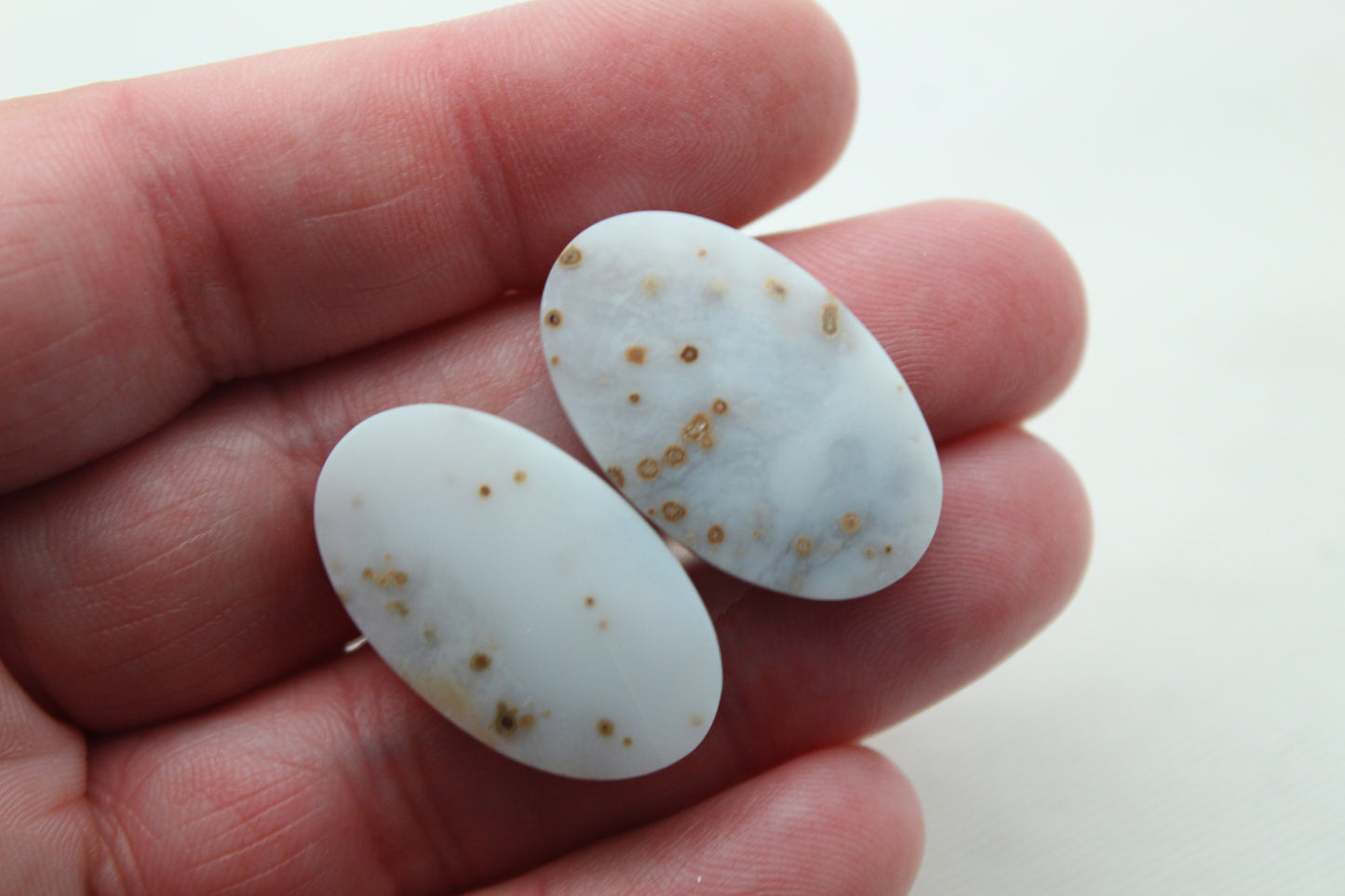 Long Pair of Polka Dot Agate Cabochons Gemstones Oval