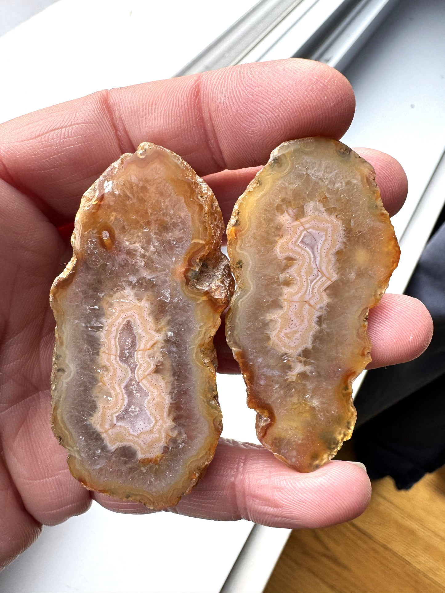 Indonesian banded Agate nodule polished yellow pink