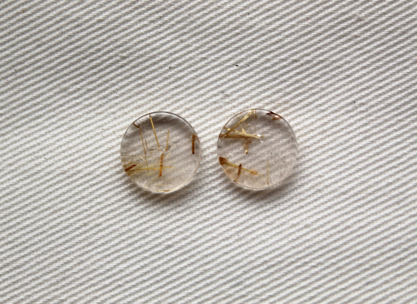 TWO rutilated Quartz Flat cabochons Round Gemstones golden needles 10MM