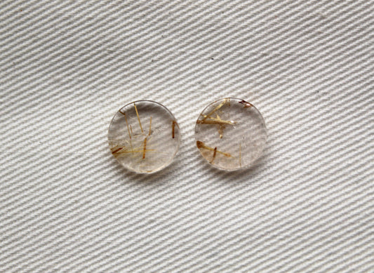 TWO rutilated Quartz Flat cabochons Round Gemstones golden needles 10MM