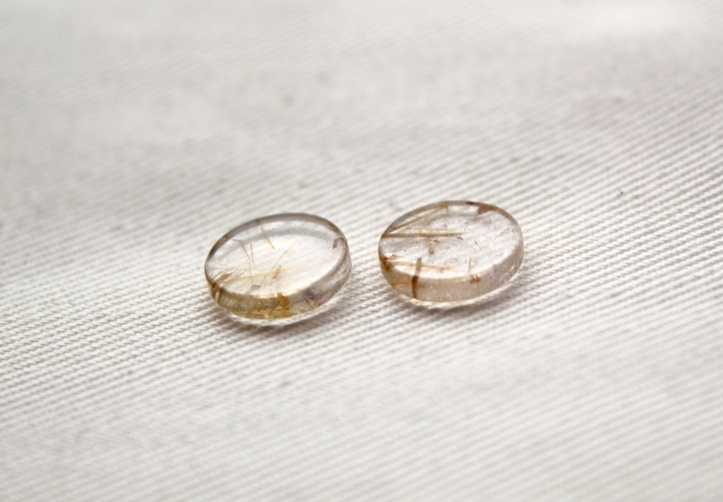 TWO rutilated Quartz Flat cabochons Round Gemstones golden needles 10MM