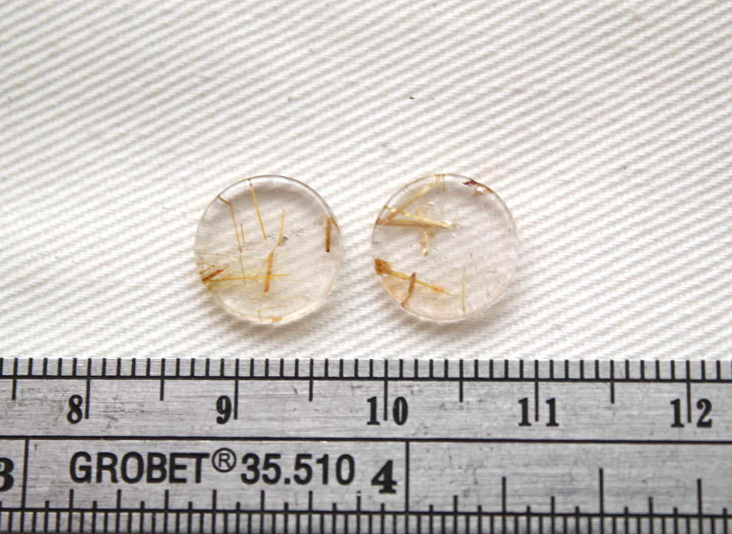 TWO rutilated Quartz Flat cabochons Round Gemstones golden needles 10MM