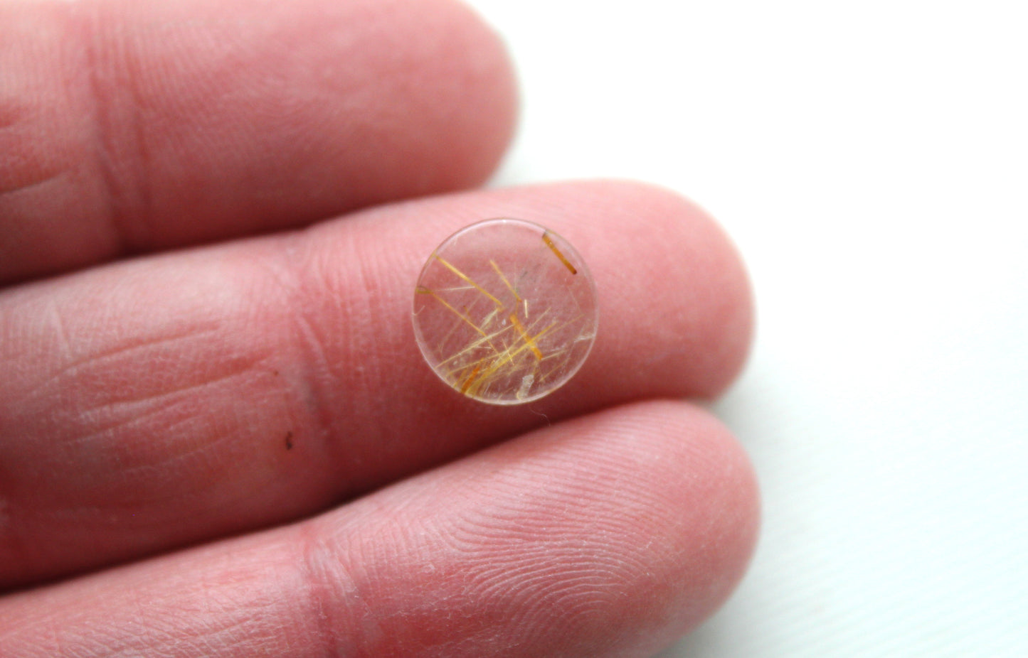 TWO rutilated Quartz Flat cabochons Round Gemstones golden needles 10MM