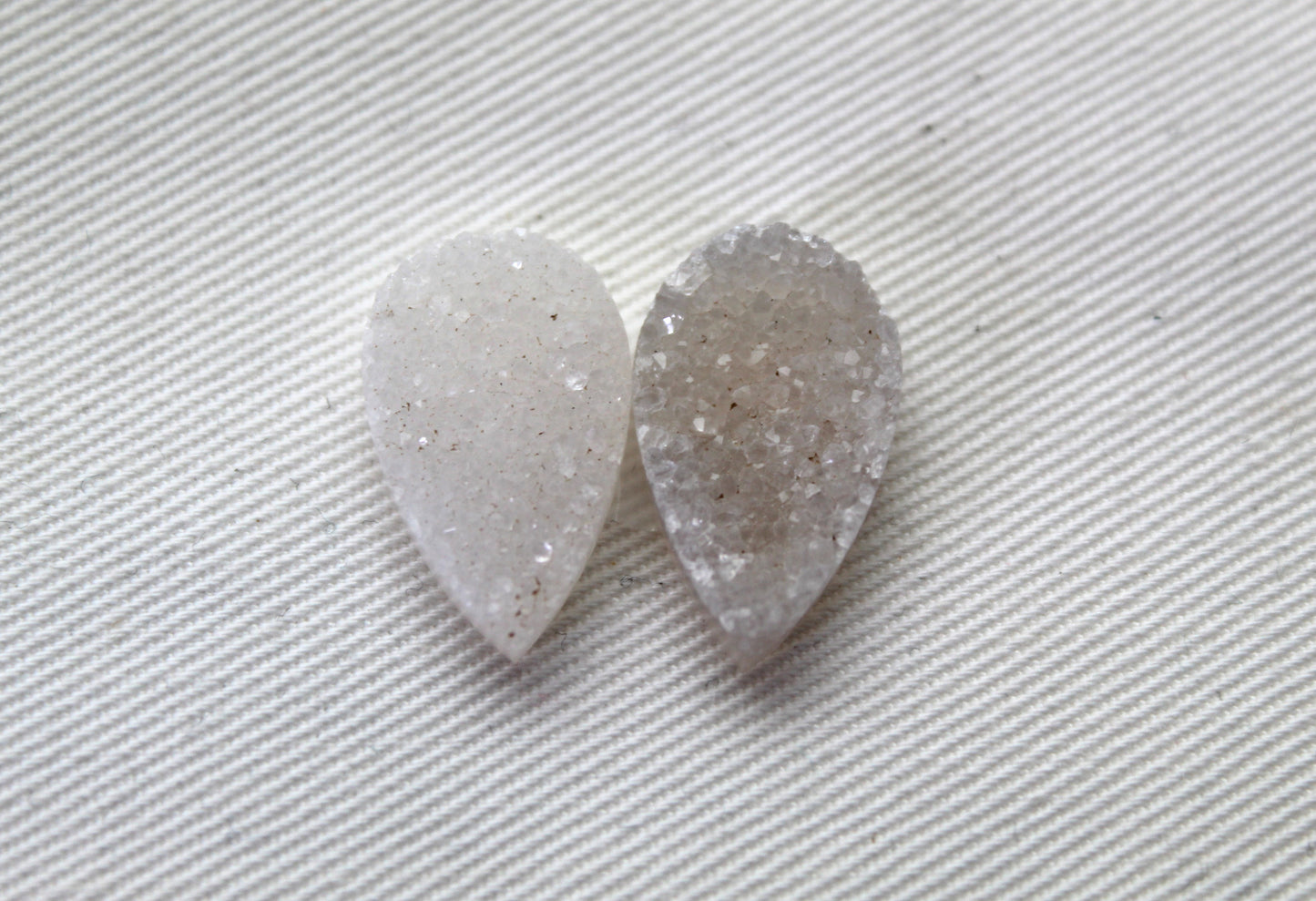 TWO White Crystal Druzy Cabochons teardrop