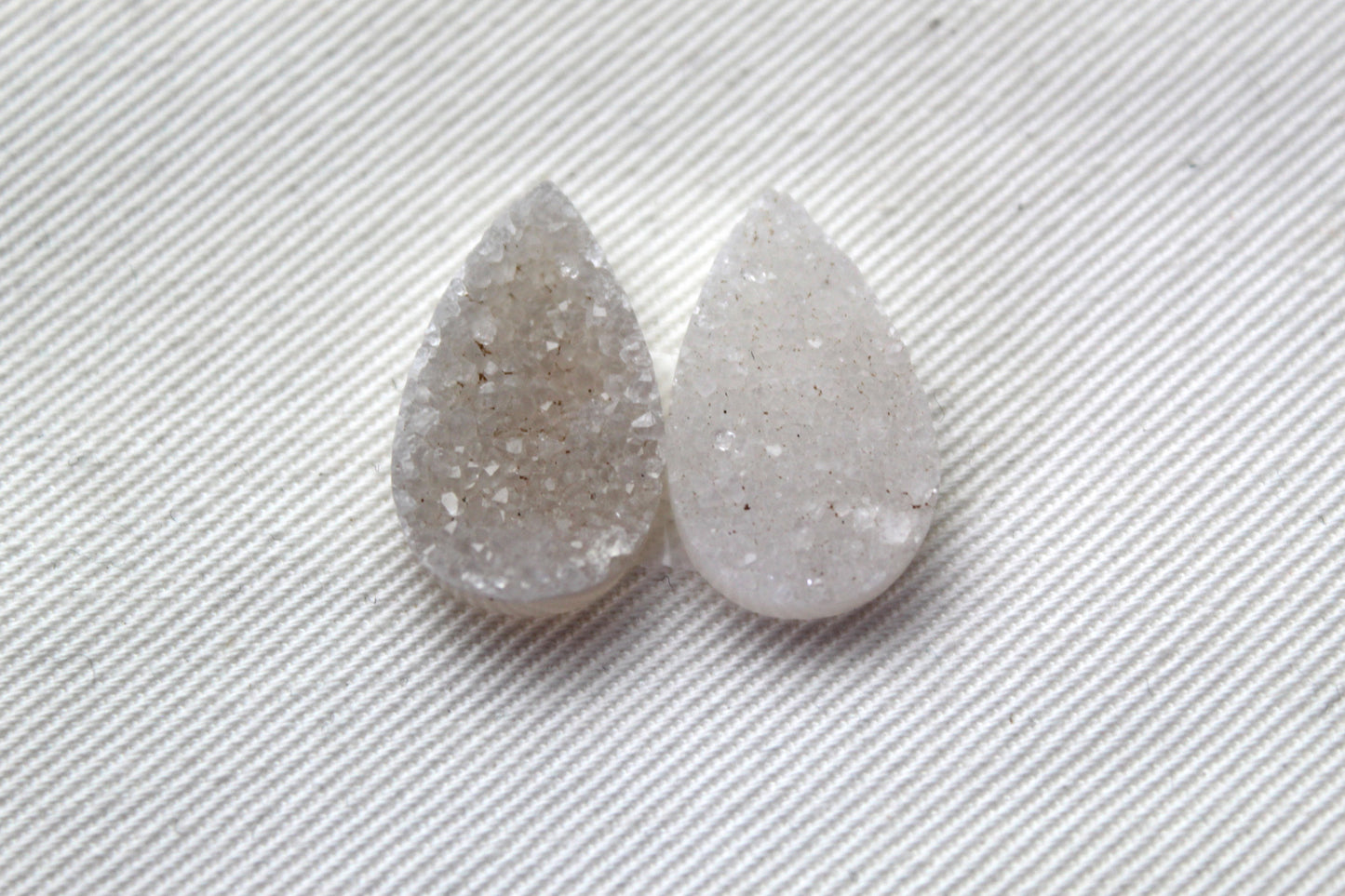 TWO White Crystal Druzy Cabochons teardrop