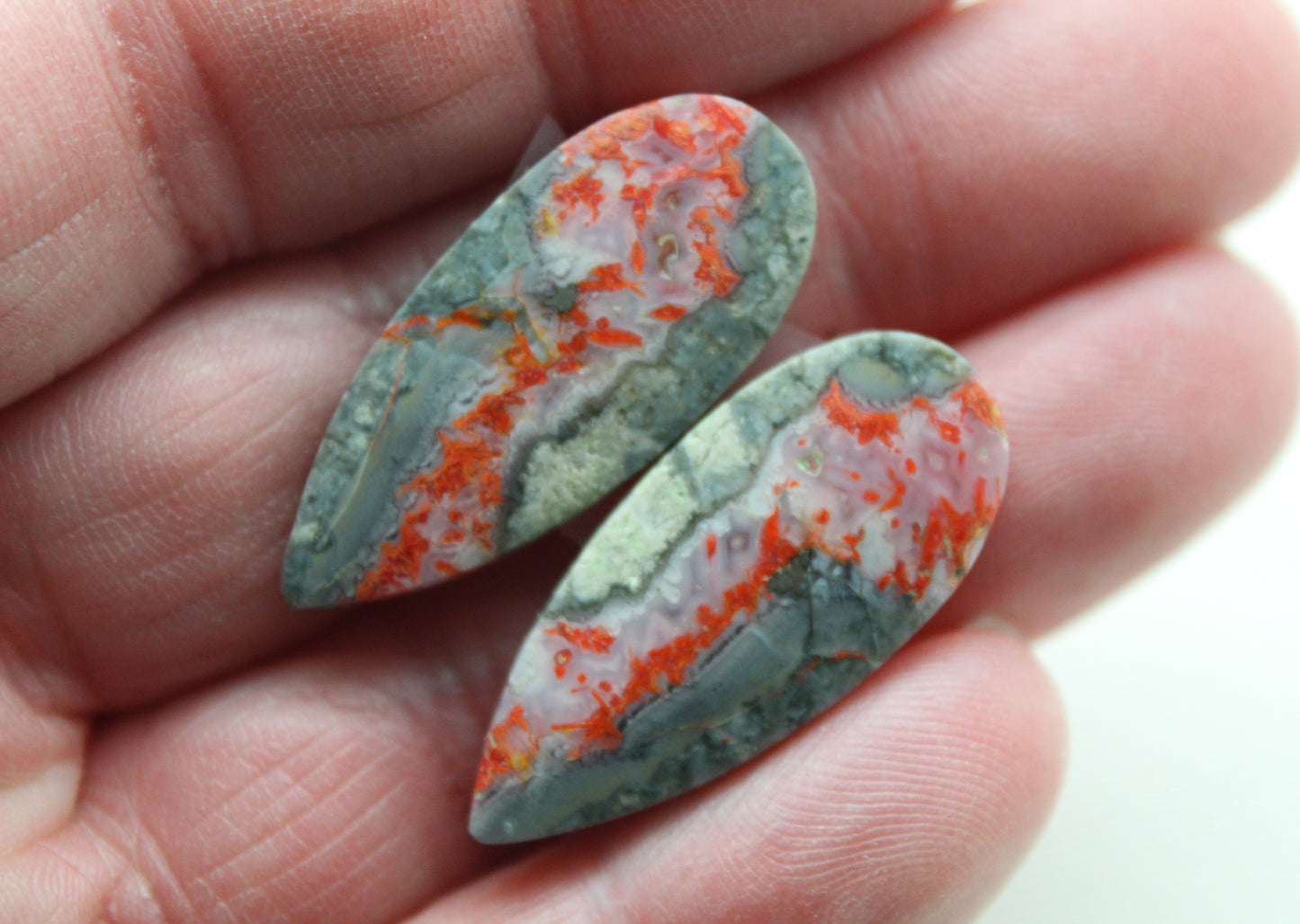 Pair Green Bumblebee Jasper cabochon Gemstone teardrop