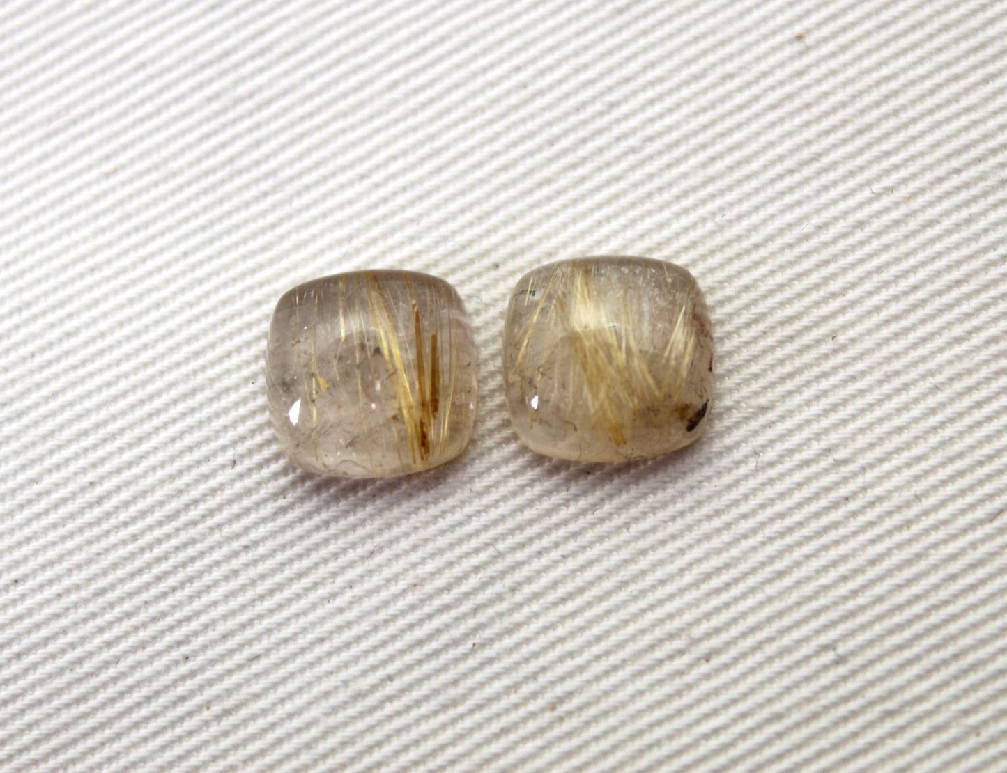 TWO rutilated Quartz cabochons cushion Gemstones golden needles 10MM