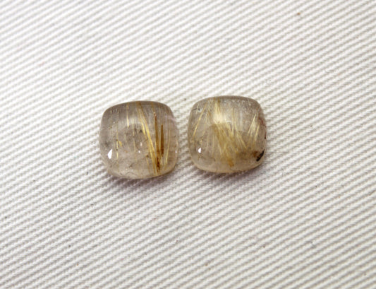 TWO rutilated Quartz cabochons cushion Gemstones golden needles 10MM