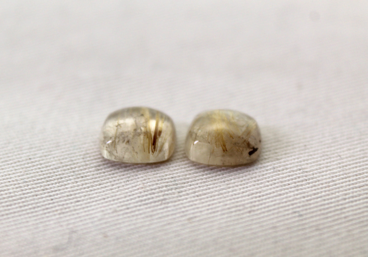 TWO rutilated Quartz cabochons cushion Gemstones golden needles 10MM