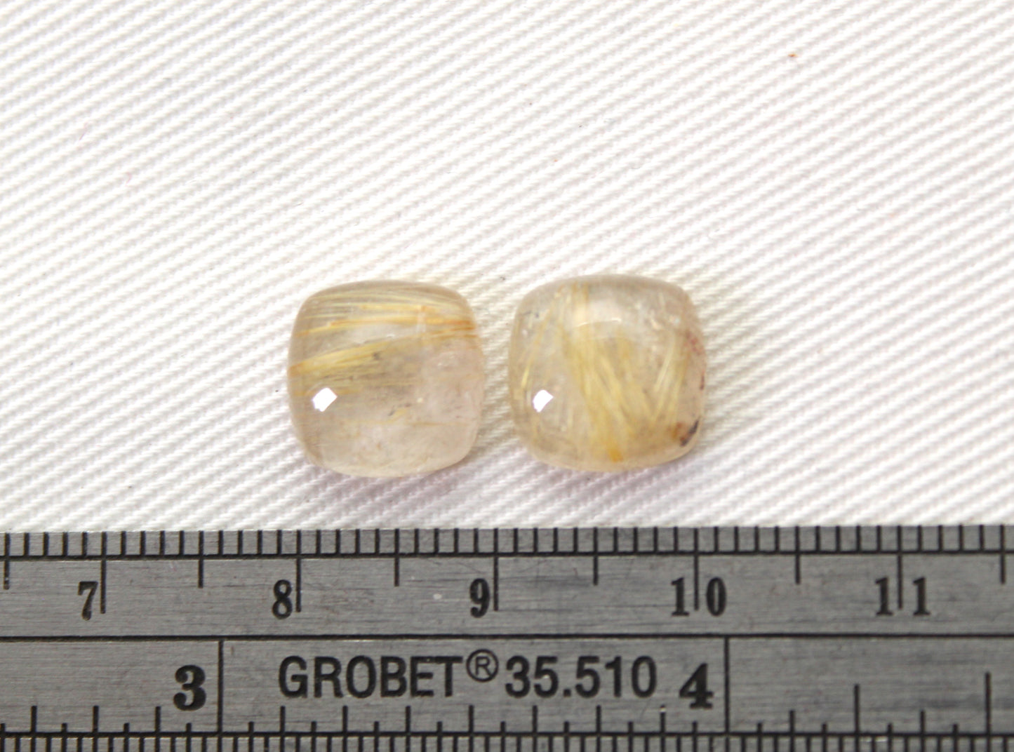 TWO rutilated Quartz cabochons cushion Gemstones golden needles 10MM