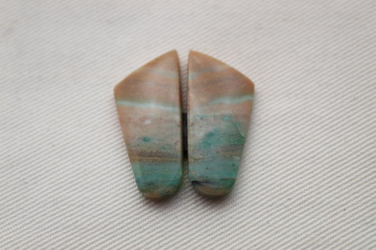 Paire de cabochons en bois pétrifié opalisé pierre gemme bleu vert