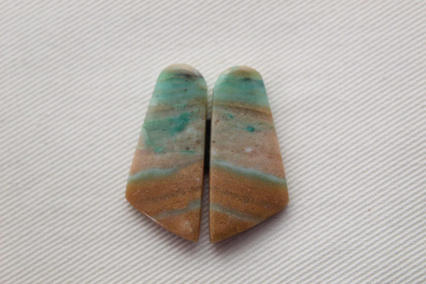 Paire de cabochons en bois pétrifié opalisé pierre gemme bleu vert