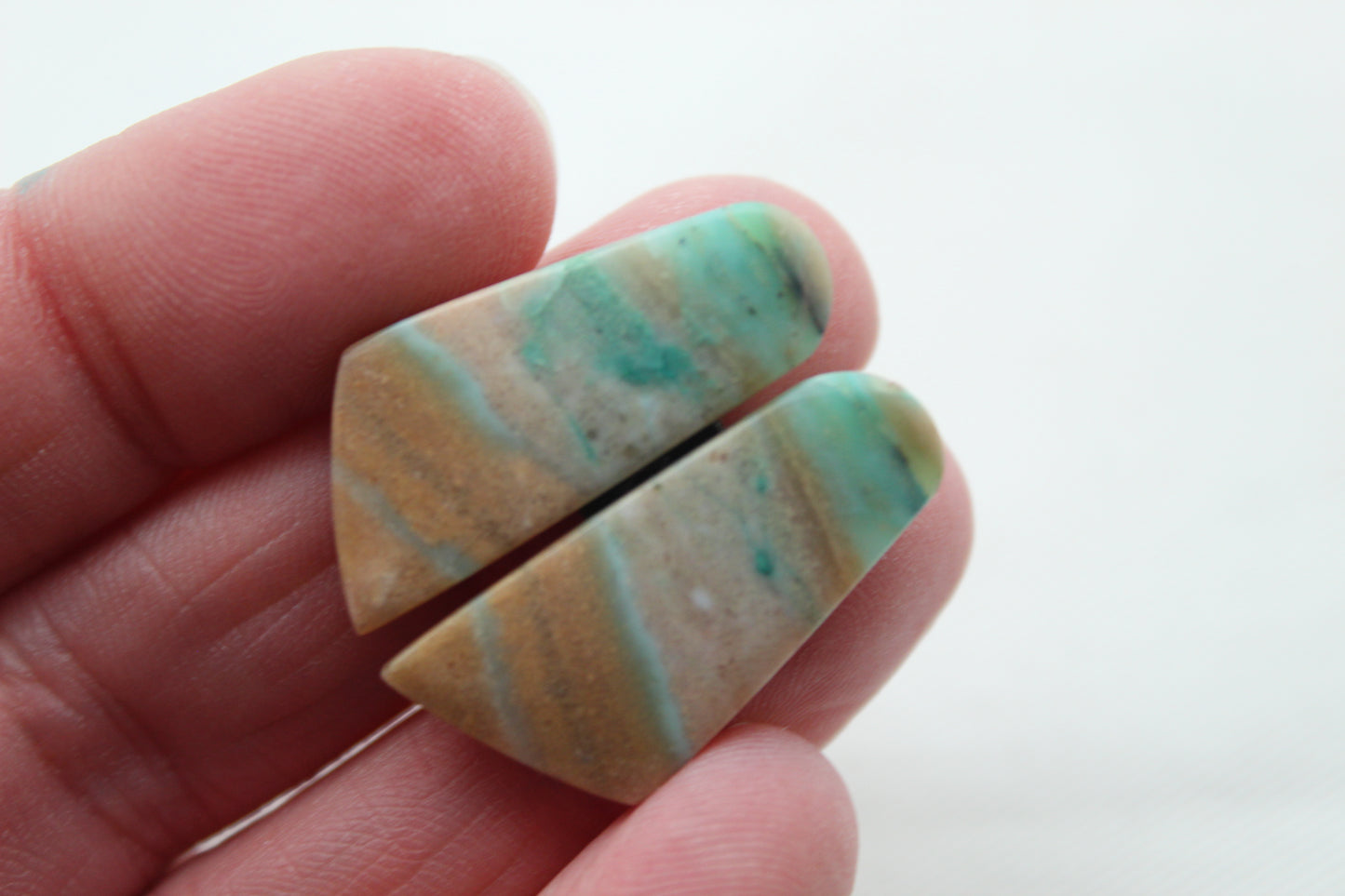Paire de cabochons en bois pétrifié opalisé pierre gemme bleu vert