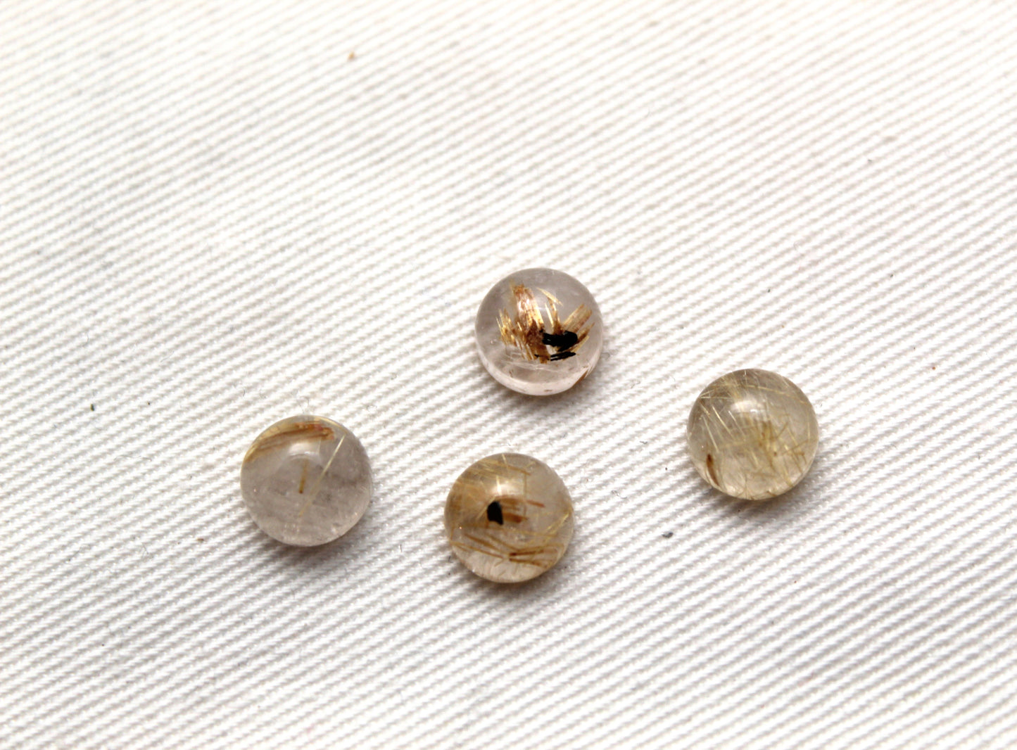 FOUR rutilated Quartz cabochons Round Gemstones golden needles 8MM