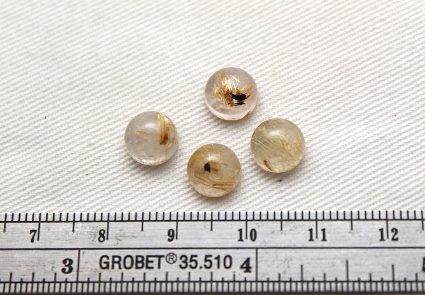 FOUR rutilated Quartz cabochons Round Gemstones golden needles 8MM
