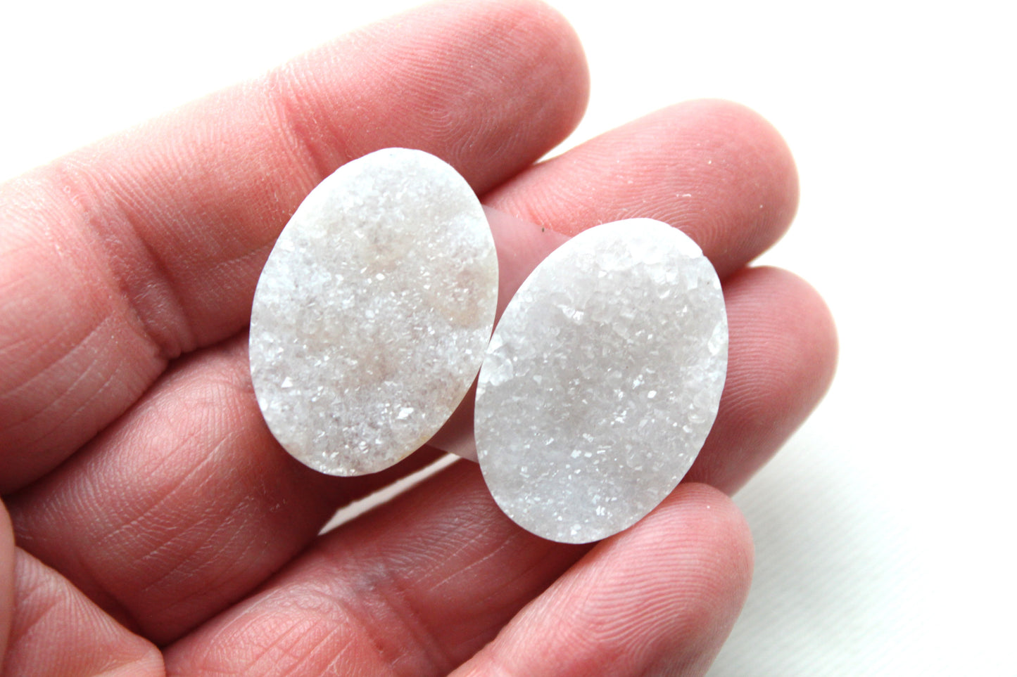 TWO White Crystal Druzy Cabochons Oval