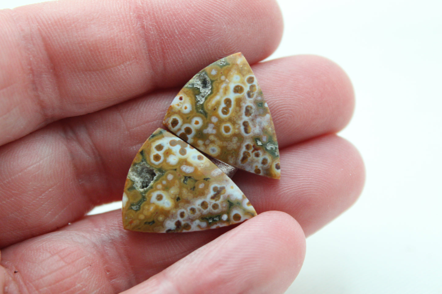 River Jasper Cabochon Pair Gemstone green beige triangle