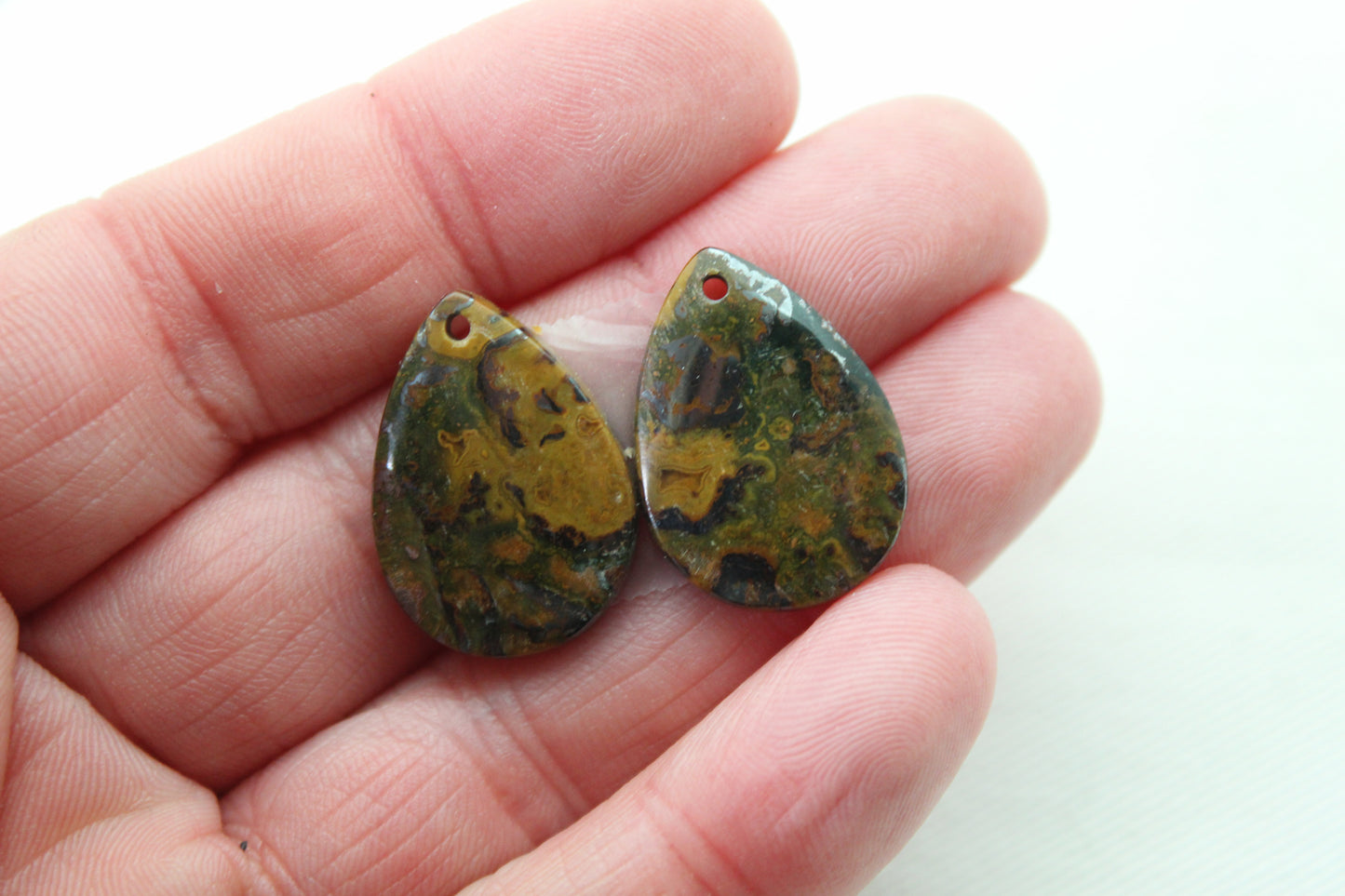 Yellow Jasper cabochons pair Gemstone pear DRILLED