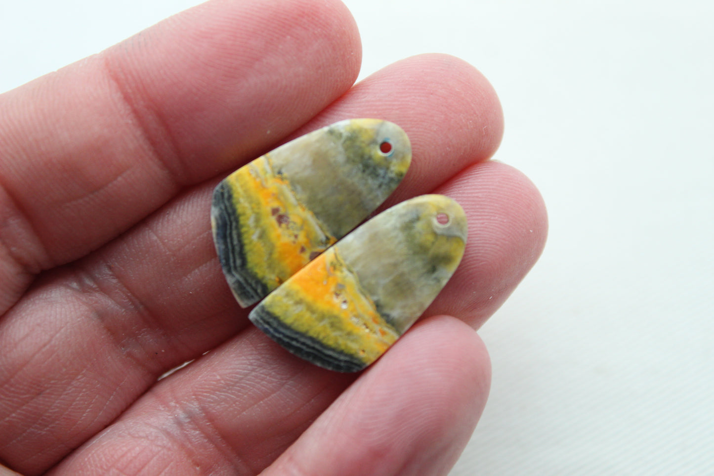 Pair Bumblebee Jasper cabochon Gemstone yellow green DRILLED