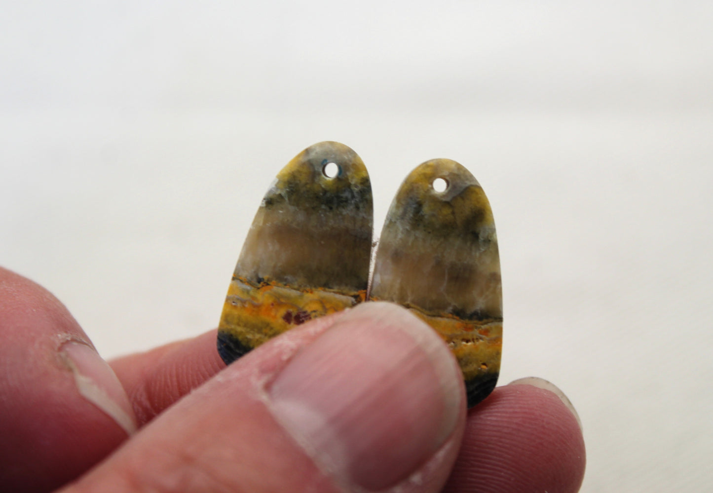 Pair Bumblebee Jasper cabochon Gemstone yellow green DRILLED