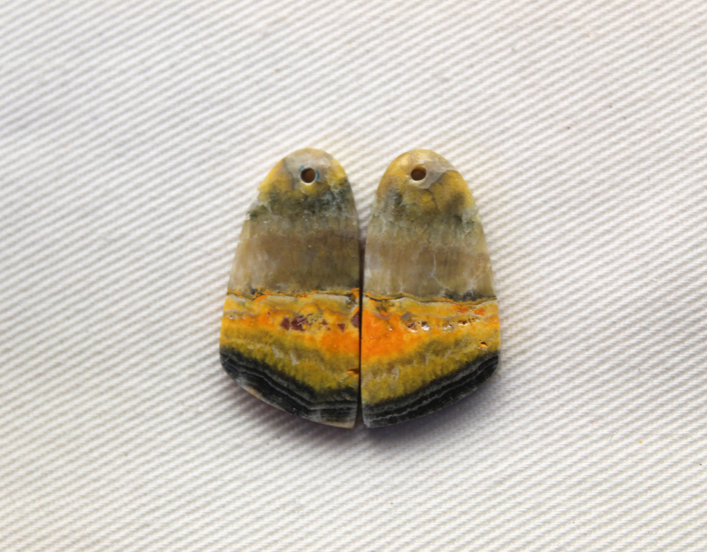 Pair Bumblebee Jasper cabochon Gemstone yellow green DRILLED