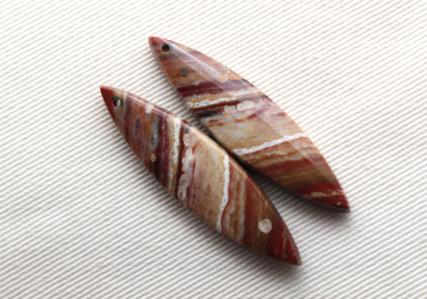 Marquise pair of Petrified Wood Cabochons red DRILLED