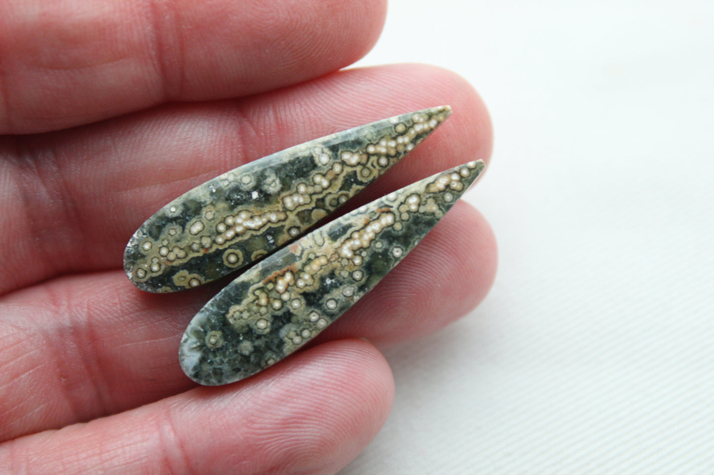 River Jasper Cabochon Pair Gemstone green teardrop