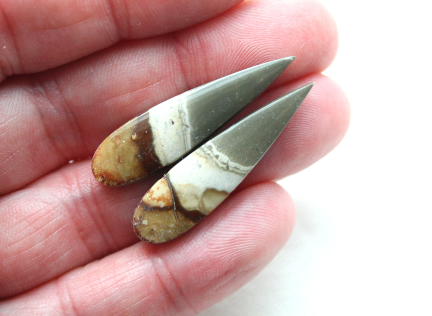 Matching pair of polychrome Jasper Cabochons teardrop