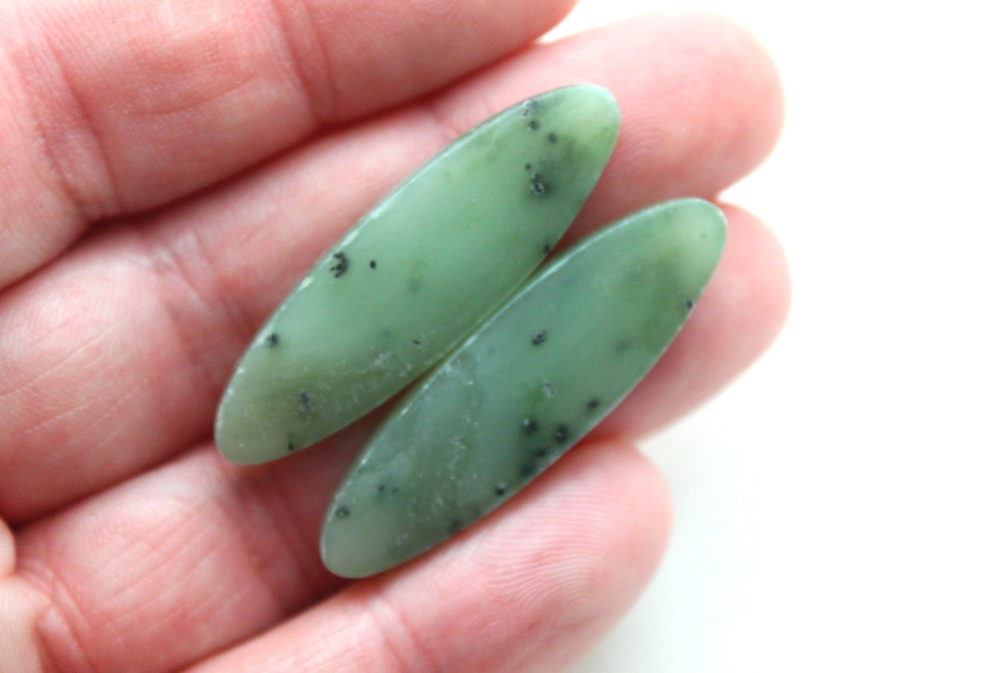 Long Nephrite Jade Cabochons Pair Gemstone moss green Oval