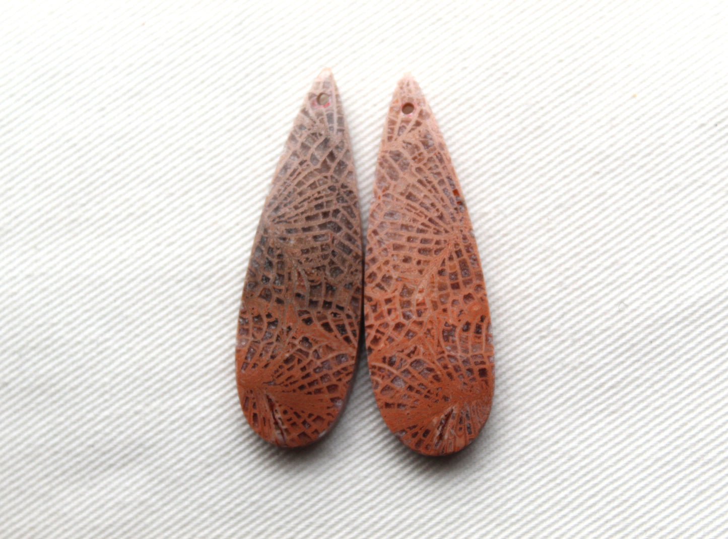 Pink Fossil Coral Pair of Gemstones cabochon long teardrop DRILLED