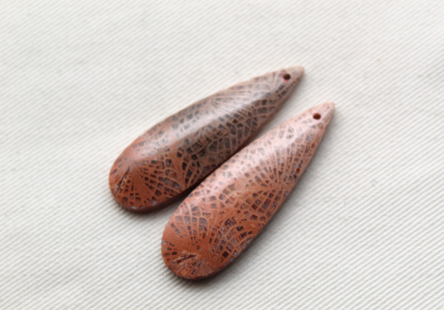 Pink Fossil Coral Pair of Gemstones cabochon long teardrop DRILLED