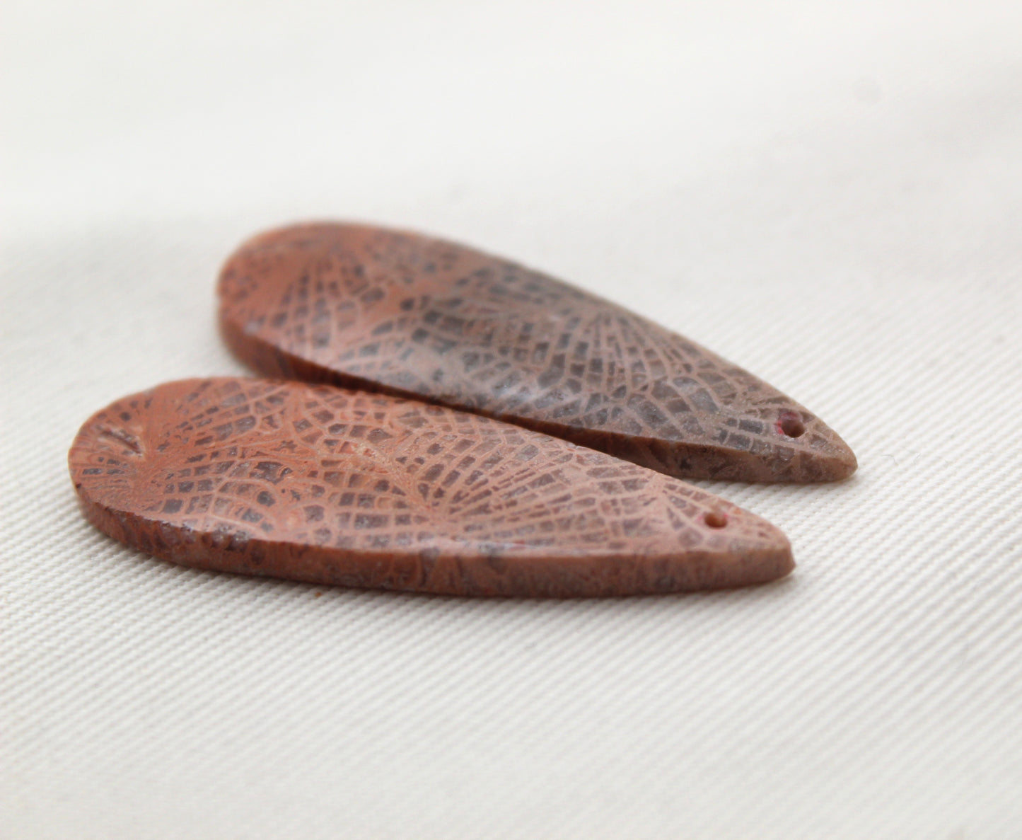 Pink Fossil Coral Pair of Gemstones cabochon long teardrop DRILLED