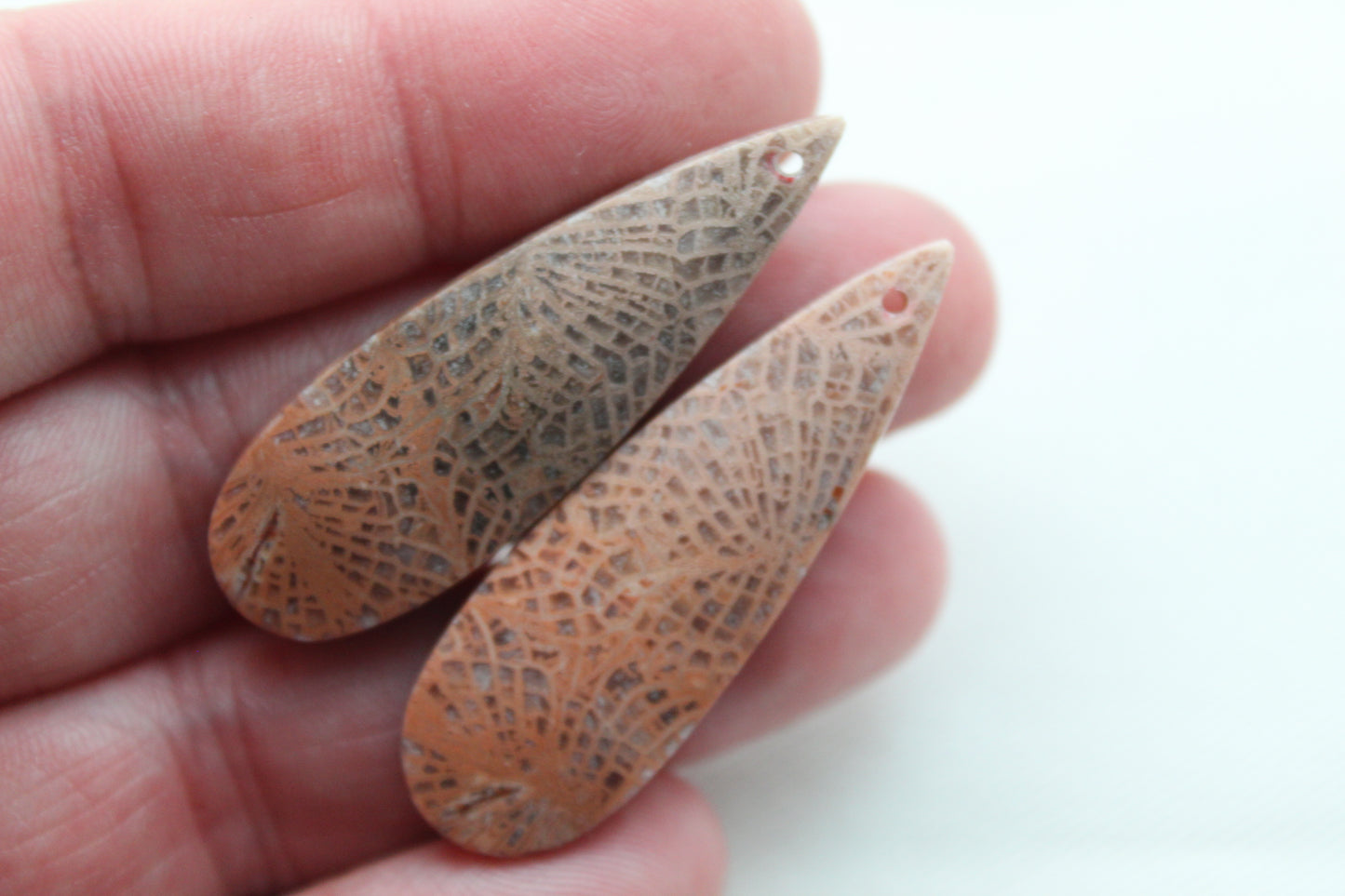 Pink Fossil Coral Pair of Gemstones cabochon long teardrop DRILLED
