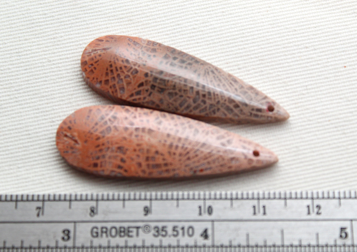 Pink Fossil Coral Pair of Gemstones cabochon long teardrop DRILLED