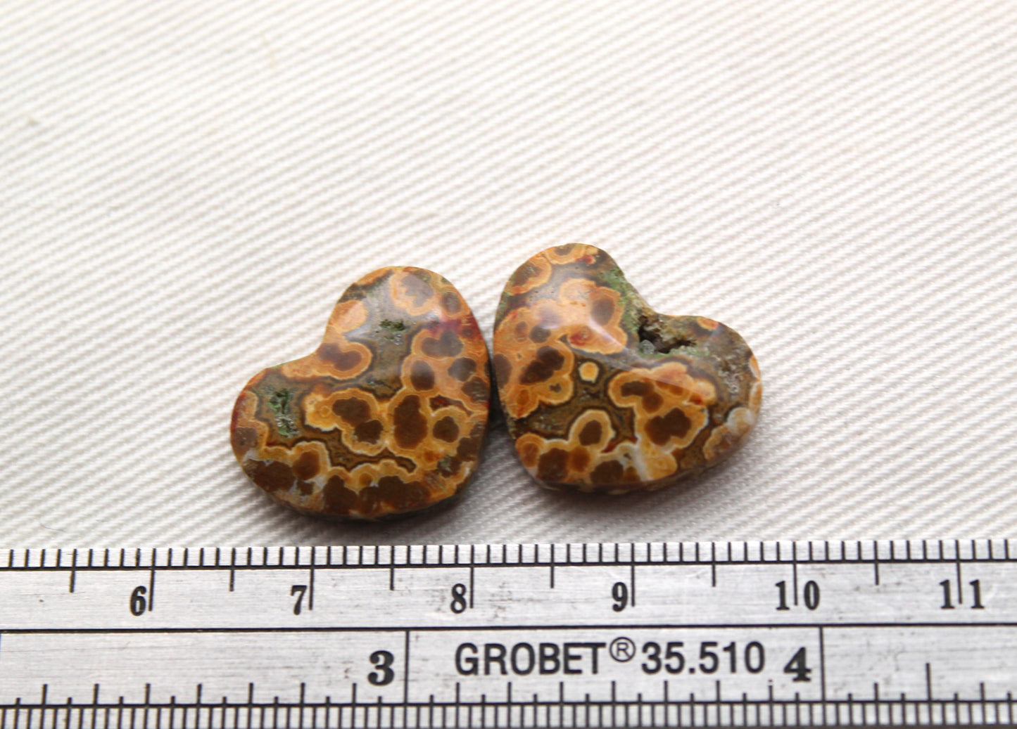 River Jasper Cabochon Pair Gemstone green orange with druzy HEART