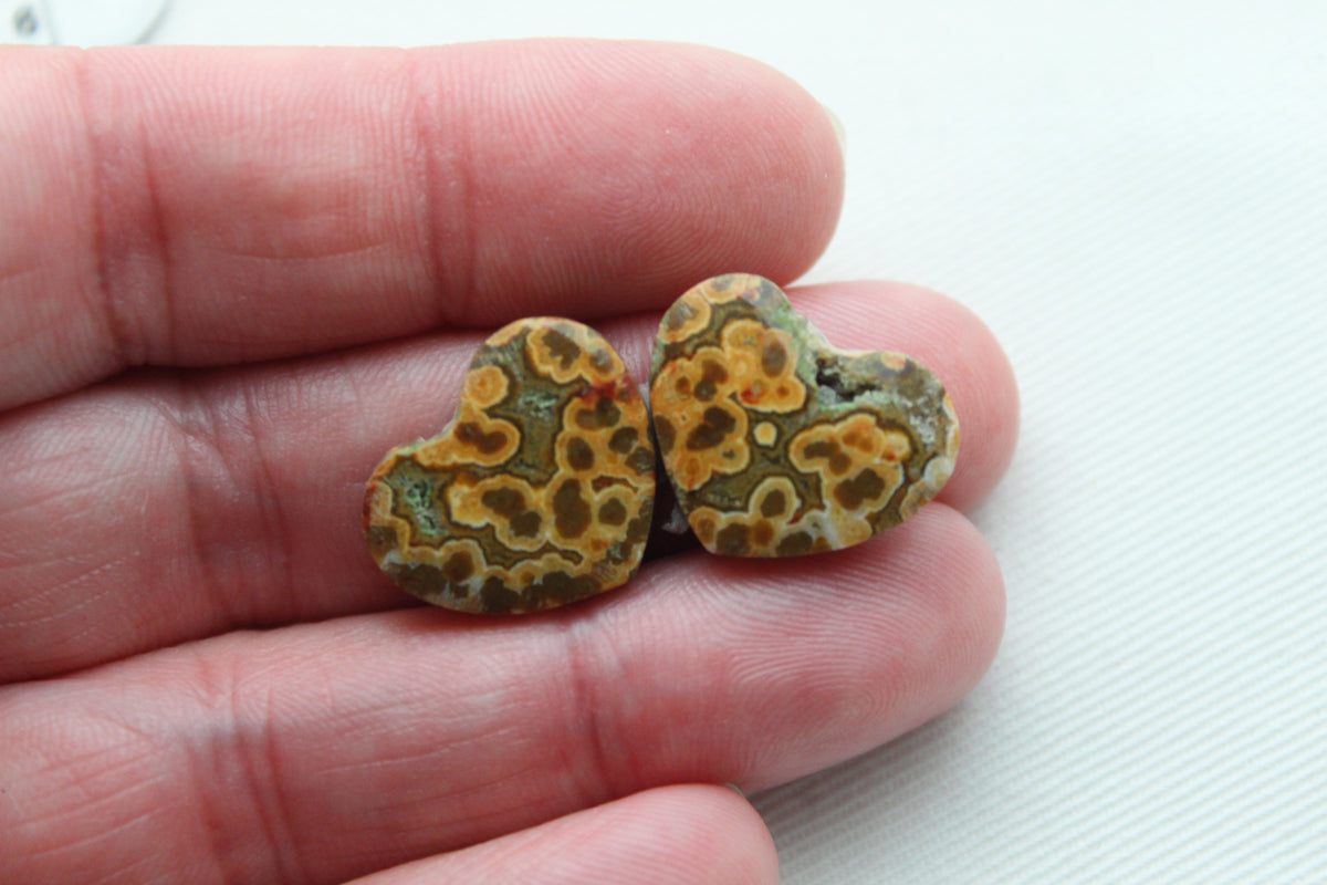 River Jasper Cabochon Pair Gemstone green orange with druzy HEART