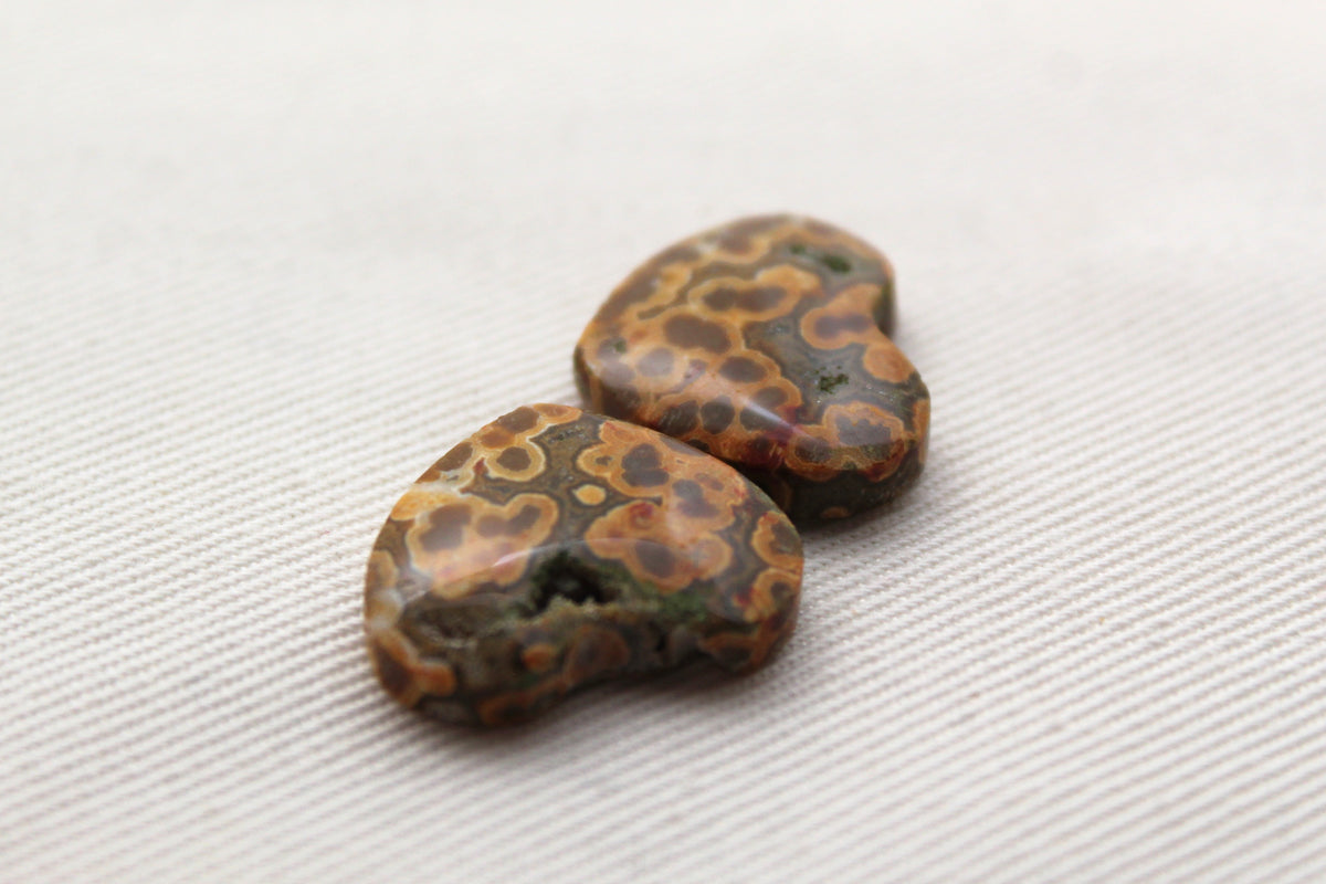 River Jasper Cabochon Pair Gemstone green orange with druzy HEART