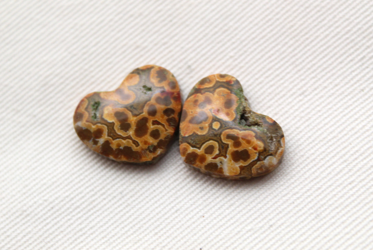 River Jasper Cabochon Pair Gemstone green orange with druzy HEART