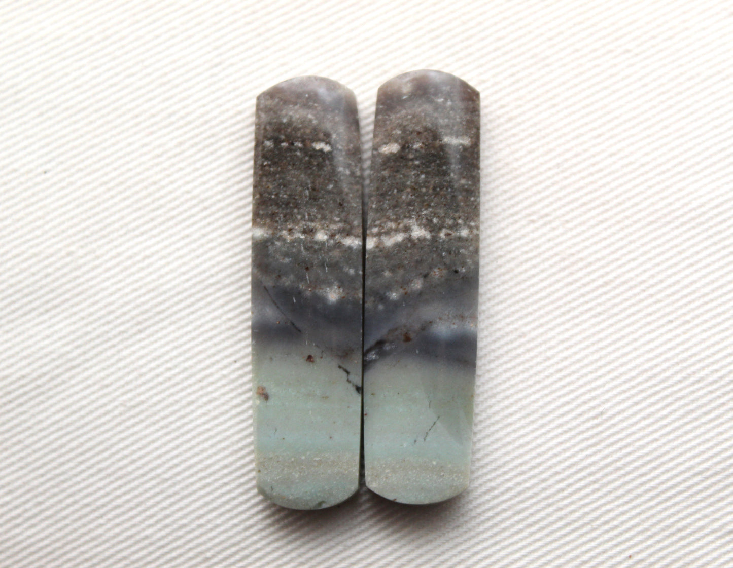 Long Pair of green Jasper Cabochons rectangle